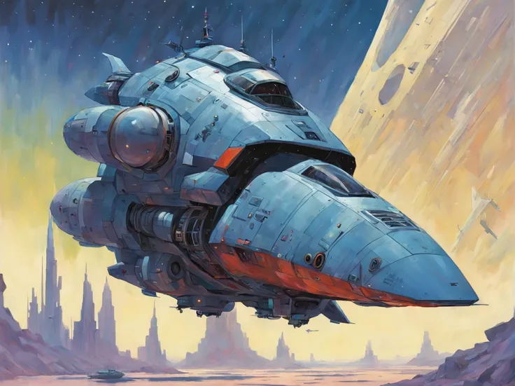 spaceship, sci-fi, (Esad Ribic), (Jim Burns), bold lines, vibrant colors, saturated, high contrast, (detailed:1.4), best quality, H!D