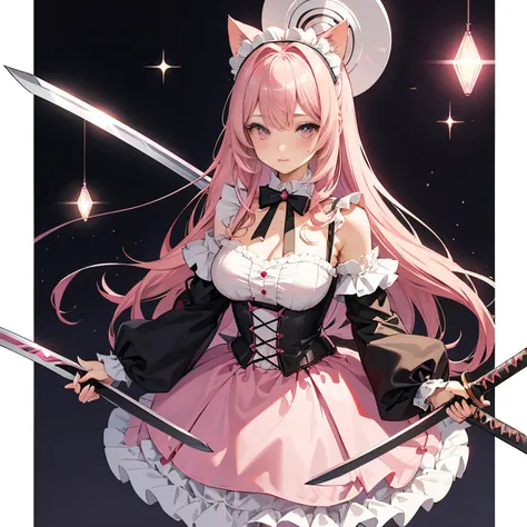 "anime girl, 1 person, pink hair, pink cat ears, pink eyes, maid outfit, maid, with twin takana swords on her back, takana sword, black womens open-shoulder jacket, lolita, black dress, big breasts  , blushing, solo, frontal view . (full HD 4K+ image )"