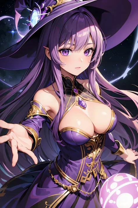 (((masterpiece))), (((best quality))), ((ultra-detailed)), (illustration), (detailed light),((an extremely delicate and beautiful)),(beautiful detailed eyes),  Solo, 1girl, ((long hair,purple hair, asymmetrical hair,medium breasts)) Serious, Purple Dress,w...