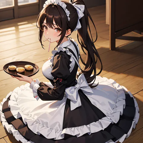 "anime girl, 1 person, dark brown hair, ponytail, ponytail, holding serving tray, brown eyes, lollipop in mouth, maid, maid lolita,lolita, big breasts, blushing,  solo, front view, (full HD 4K+ image )"