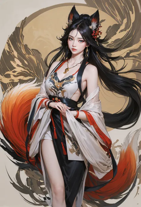 Step into the realm of traditional Chinese art with this prompt showcasing a traditional Chinese ink painting depicting the latest fashion ensemble for the League of Legends character Ahri. The artists brushstrokes bring to life a blend of Chinese elegance...