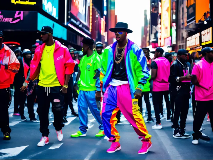 A photorealistic image of A very stylish hip-hop singer, dancing an singing, in the crowded streets of New York, neon colors, hip-hop culture, street festival, Calculus Contours