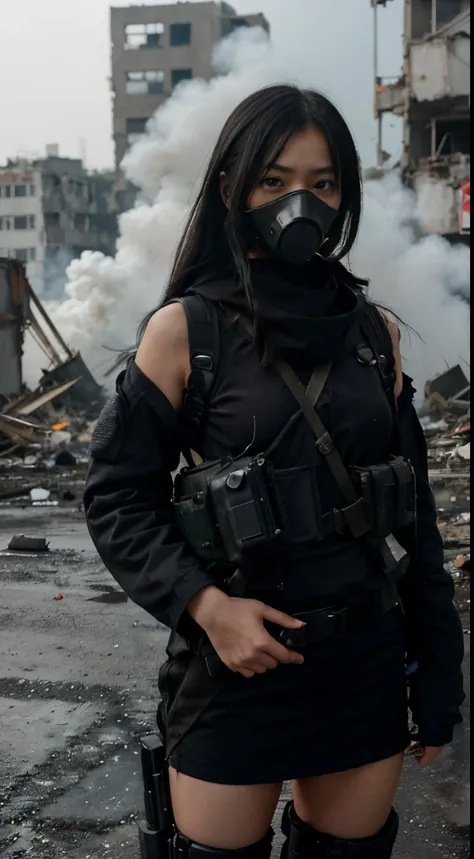 1 girl Japanese cute, perfect girl body,eyes looking at the camera, (black hair, wearing tactical gear, holding AK47 in hand, cold face, tall body, detailed face, detailed eyes, gas mask), collapsed city, tank , smoke and fog, collapsed buildings, damaged ...