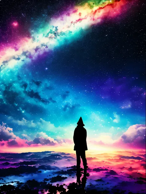 (best quality, master part:1.2), Foco suave, Aquarela gradiente brilhante, atomic, fotorrealista, artistic, psicodelico, silhouette in front of the cosmic immensity —v 5