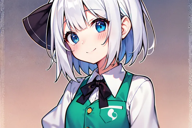 1girl in, 美丽的面容、konpaku youmu, Petite, blushed face、A smile、symple background、White hair