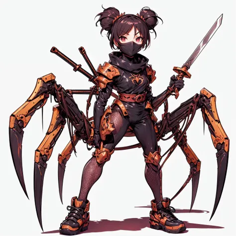 ninja girl. armor fused with spider. fishnet tights. prepare your sword. spider legs. color. anime style. cherry blossom backgro...