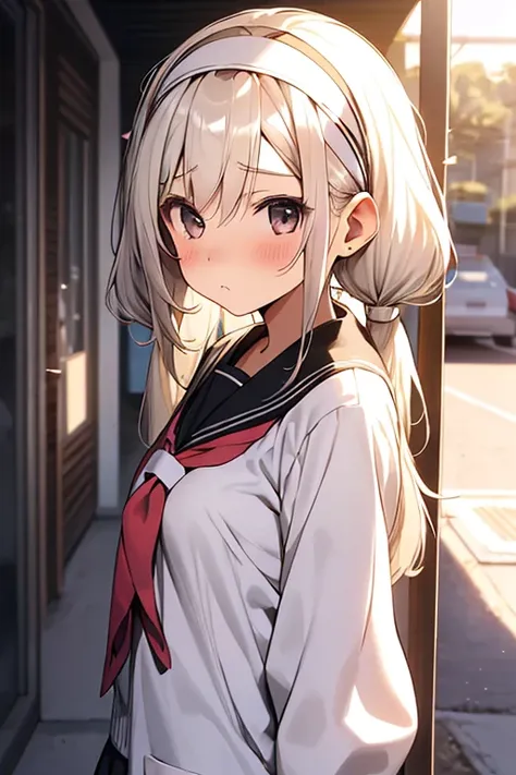 girl, ((loli)), kawaii, medium hair, twintails, ((white hairband)), light blush, black eyes, (small breasts), shy, blonde hair, (school uniform), looking back,