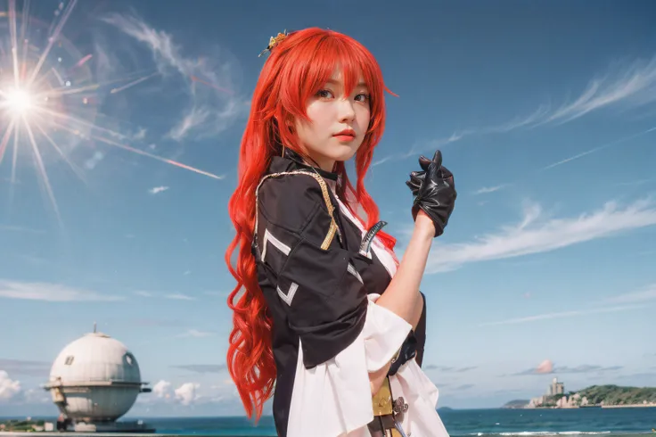 there is a woman with red hair and a black and white outfit, cosplay photo, anime cosplay, anime girl cosplay, cosplayer, portrait of a female anime hero, ayaka genshin impact, cosplay, cyarine, rias gremory, kasumi arimura style 3/4, ayaka game genshin im...