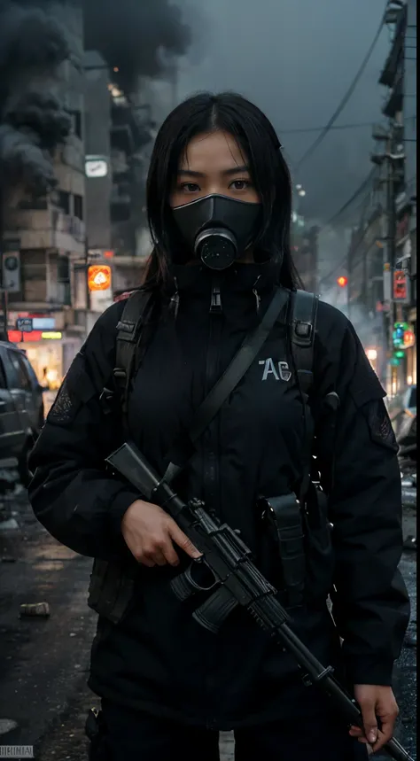 1 girl Japanese cute, perfect girl body,eyes looking at the camera, (black hair short, black wearing tactical gear, holding AK47 in hand, cold face, tall body, detailed face, detailed eyes, gas mask), collapsed city, tank , smoke and fog, collapsed buildin...