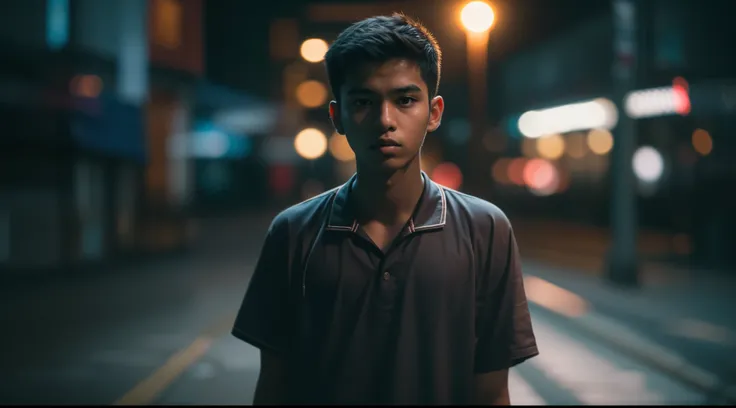 a beautiful malay teenage boy in summer outfit standing and smoking in a dark empty city street, serious face, nighttime, 35mm lense, Top-Down Shot, Deep Focus cinematography effect, Natural Lighting, cool-toned color grading, high quality, ultra detail, 8...