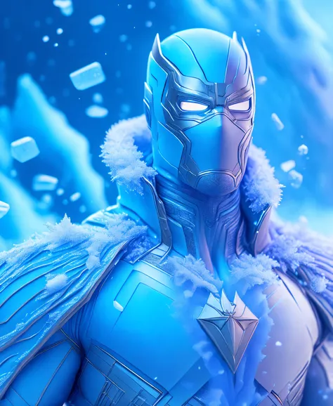 (extremely detailed 8k wallpaper), Close-up ( maskedice-man From Marvel dressed in ice style: 1.3) emerging from blue frozen ice, colourful winter colours, extremely detailed, volumetric lighting