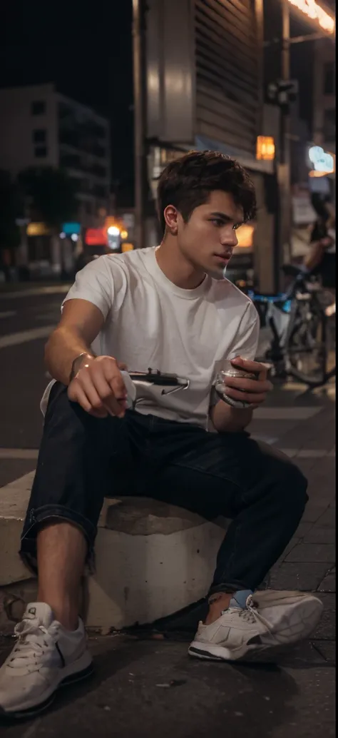 RAW photography, portrait of a 25 year old man in casual clothes, night, city street, (high resolution skin: 1.2), 8K UHD, DSLR, soft lighting, high quality, film grain, fujifilm XT3