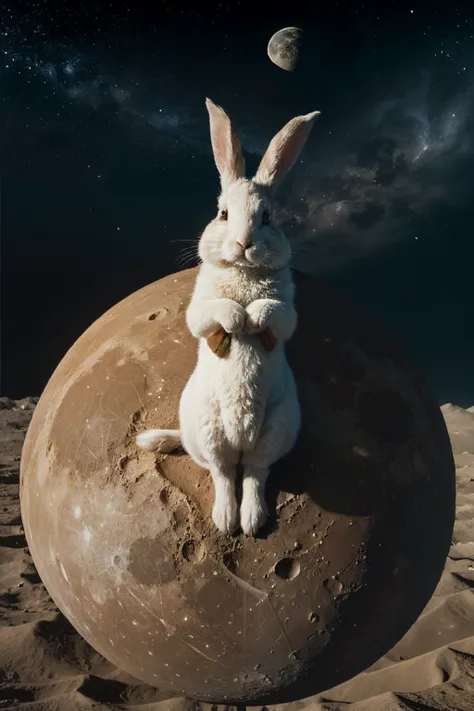 A colorful rabbit larger than the Earth is nibbling on the moon poster