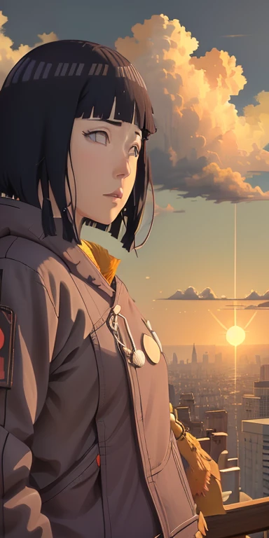 realisitic，A vast city spreads out、Rising sun over skyscraper army、The morning sun is beautiful、Horizon，composed々The sky is getting brighter、Huge autumn clouds、Vibrant colors、hinata from naruto series ,Girl watching from distant mountain top