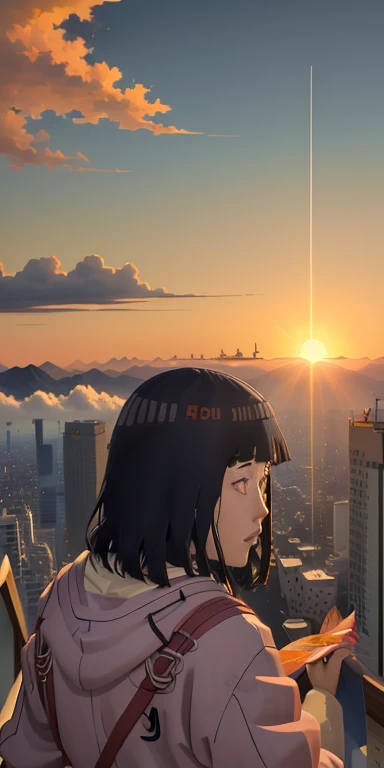 realisitic，A vast city spreads out、Rising sun over skyscraper army、The morning sun is beautiful、Horizon，composed々The sky is getting brighter、Huge autumn clouds、Vibrant colors、hinata from naruto series ,Girl watching from distant mountain top