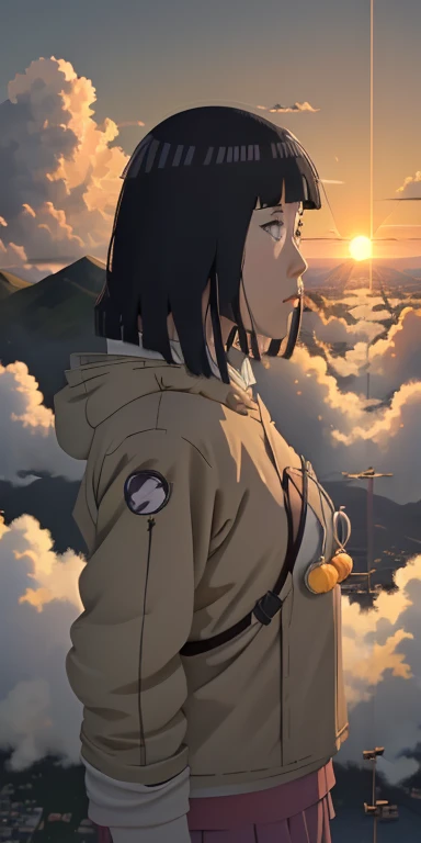 realisitic，A vast city spreads out、Rising sun over skyscraper army、The morning sun is beautiful、Horizon，composed々The sky is getting brighter、Huge autumn clouds、Vibrant colors、hinata from naruto series ,Girl watching from distant mountain top