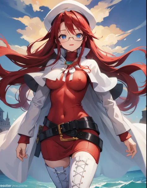 summonnightaty, aty, long hair, blue eyes, red hair, beret, hat, glasses,
BREAK long hair, thighhighs, hat, dress, boots, glasses, belt, cape, sweater, zettai ryouiki, beret, thigh boots, white footwear, ribbed sweater, loose belt,,
BREAK outdoors, fantasy...