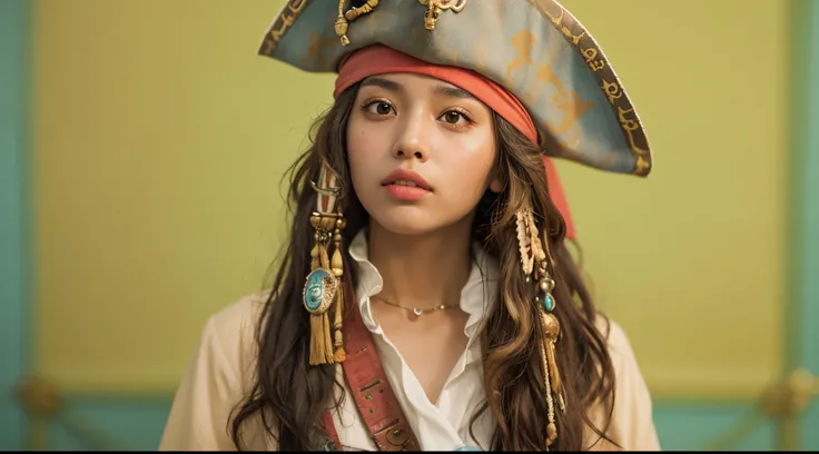 Vogue style photo shoot of malay teenage girl as character CAPTAIN JACK SPARROW from the movie pirates of the caribbean with pastel colored background in Wes Anderson style, hyper - realistic photography, Wes Anderson style, full body, 8k, close - up shot,...