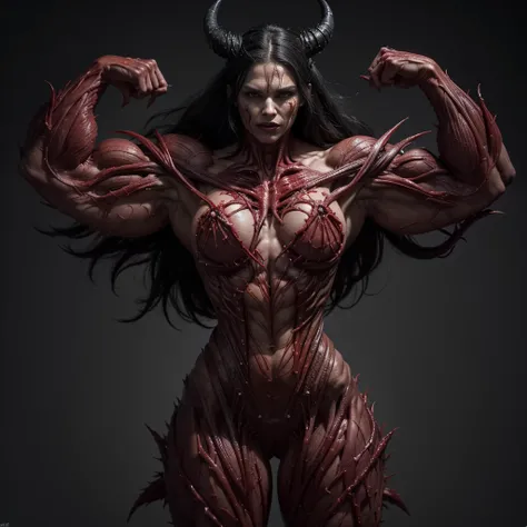 (1 girl), (spread legs:1.25), (demoness with beautiful face:1.25),(1 super muscular succubus with flayed skin:1.5), (carnage physique:1.5), (covered in thick muscle suit:1.5), (exposed perfect anatomy:1.5), (carnage muscle anatomy:1.5), high detail, best q...