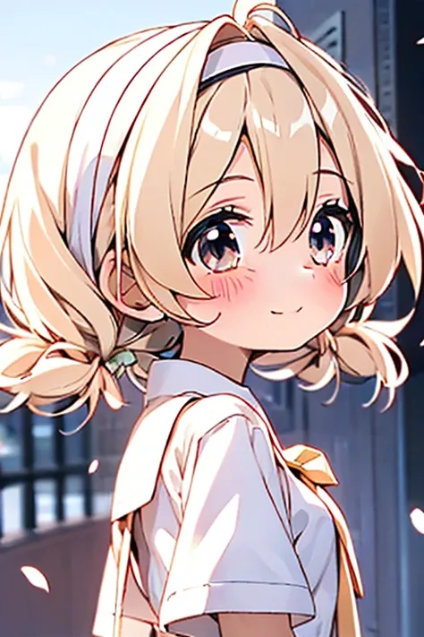 girl, ((loli)), kawaii, medium hair, twintails, ((white hairband)), light blush, black eyes, (small breasts), shy, blonde hair, (school uniform), looking back, light smile,