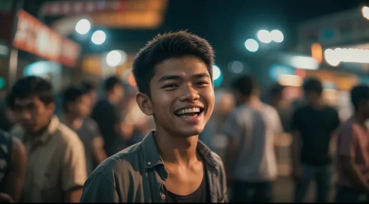 a malay teenage boy in worn and torn shirt standing and laughing while pointing to the camera in front of bustling night market, serious face, nighttime, 35mm lense, Top-Down Shot, Deep Focus cinematography effect, Natural Lighting, cool-toned color gradin...