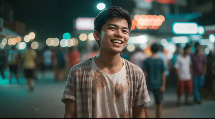 a malay teenage boy in worn and torn shirt standing and laughing while pointing to the camera in front of bustling night market, serious face, nighttime, 35mm lense, Top-Down Shot, Deep Focus cinematography effect, Natural Lighting, cool-toned color gradin...