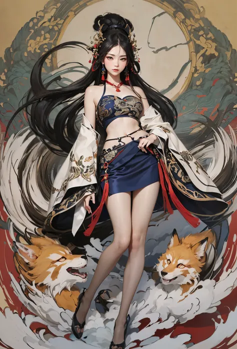 Step into the realm of traditional Chinese art with this prompt showcasing a traditional Chinese ink painting depicting the latest fashion ensemble for the League of Legends character Ahri. The artists brushstrokes bring to life a blend of Chinese elegance...