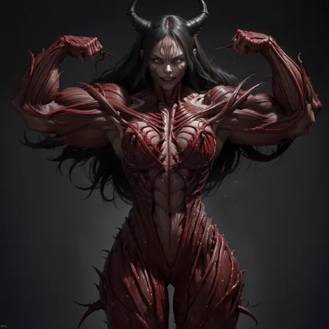 (1 girl), (spread legs:1.25), (demoness with beautiful face:1.25),(1 super muscular succubus with flayed skin:1.5), (carnage phy...