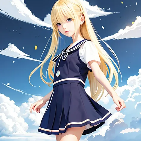 anime illustration of blonde girl、full body Esbian、cute little、a sailor suit、1 persons、Ephemeral、Sad face、illustratio、Anime style、Beautie、hi-school girl、A slight smil、front facing