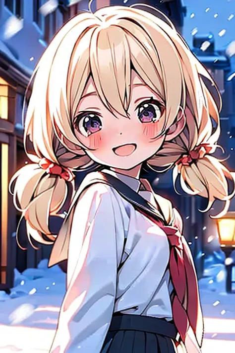 girl, ((loli)), kawaii, medium hair, twintails, light blush, black eyes, (small breasts), blonde hair, (school uniform), light smile, (snow),