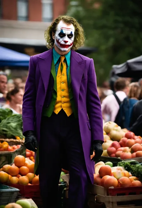 A photo of the Joker causing chaos at a local Gotham City farmers market, throwing fruits and vegetables at terrified onlookers,The Dark Knight,Heath Ledger’s portrayal of the Joker in “The Dark Knight” is marked by his disheveled, greasy hair, smudged clo...