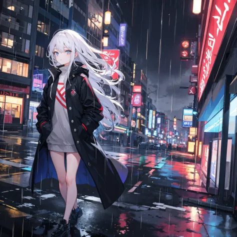 1girl,night city,rain,coat,hands in pockets