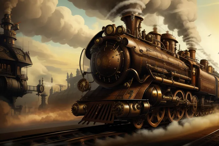 steampunk world, steampunk train, steam, super detail, masterpiece