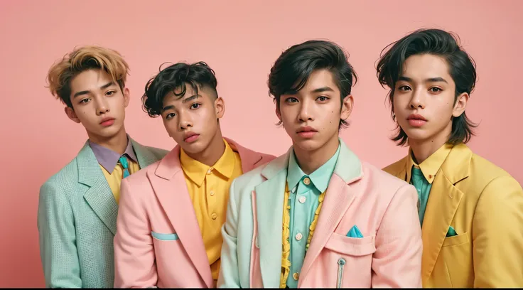 Vogue style photo shoot group of malay teenage boy as a boy band group with pastel colored background in Wes Anderson style, hyper - realistic photography, Wes Anderson style, full body, 8k, close - up shot, extreme close - up photo