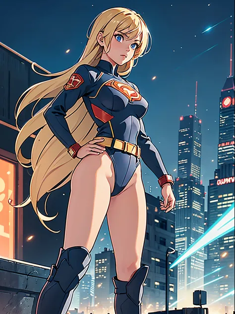 masterpiece, best quality, 1girl, superhero, leotard, bare legs, knee boots, matching boots, heroic, city backdrop, standing, body infused with energy, light particles, solo, single, cowboy shot, perfect anatomy, hand on hip, blonde hair, beautiful detaile...