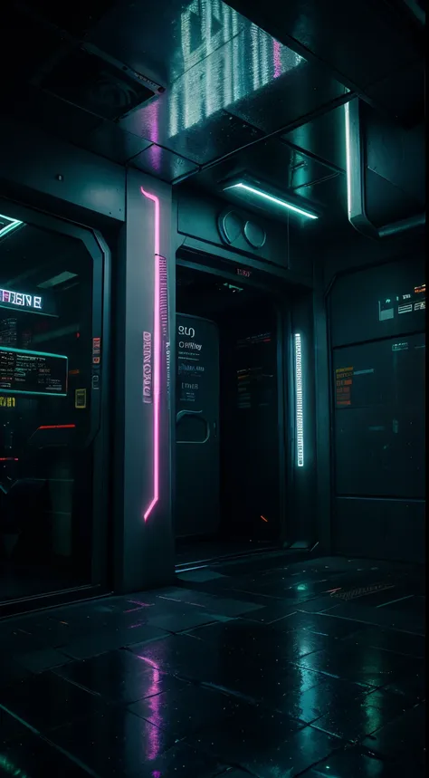 futuristic cyberpunk gate,neon-lit entrance,elevated walkway,ultra-modern architecture,advanced technology details,city skyline ...