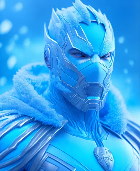 (extremely detailed 8k wallpaper), Close-up ( maskedice-man From Marvel dressed in ice style: 1.3) emerging from blue frozen ice, colourful winter colours, extremely detailed, volumetric lighting