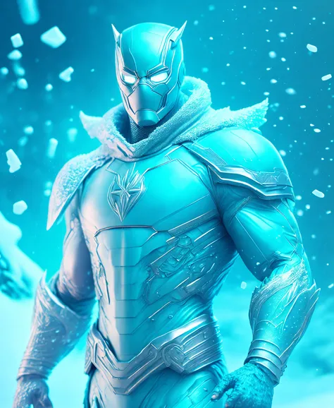 (extremely detailed 8k wallpaper), Full body ( maskedice-man From Marvel dressed in ice style: 1.3) emerging from cyan frozen ice, colourful winter colours, extremely detailed, volumetric lighting