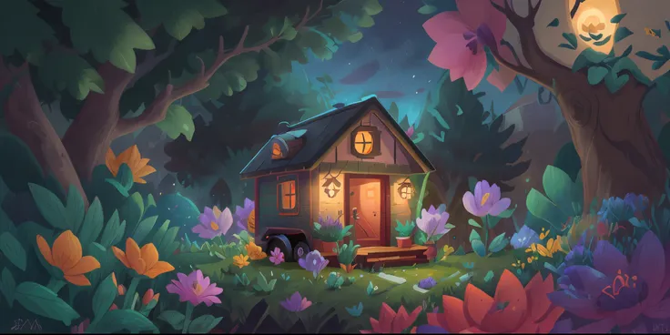 Night, Tiny house, flower