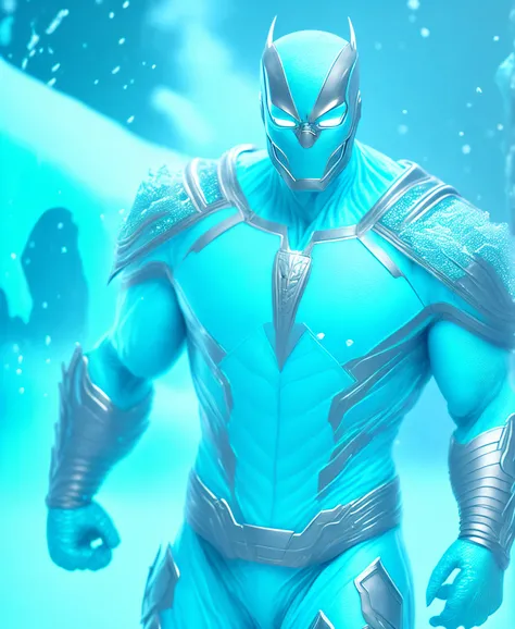 (extremely detailed 8k wallpaper), Full body ( maskedice-man From Marvel dressed in ice style: 1.3) emerging from cyan frozen ice, colourful winter colours, extremely detailed, volumetric lighting