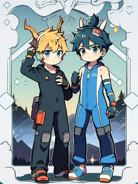 shota,，Two dimensional anime boys，One-piece hiking suit，long slim figure，protective goggles，Fingerless gloves，Stood up，There are long horns on the head，Earphone