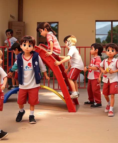 Children playing on the slide, fardamentos vermelhos com branco, Detail as much as possible. Alta qualidade.