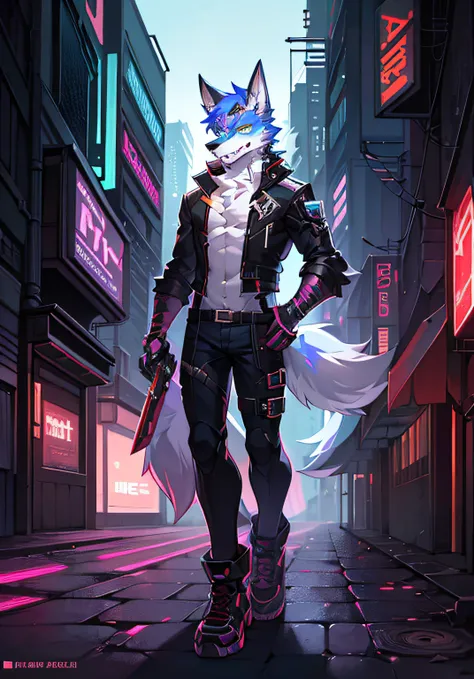 an anthropomorphic cyberpunk fox, anthropomorphic wolf male,, Single character full body, official character art, rpg portrait full body,  an anthro wolf, full body concept