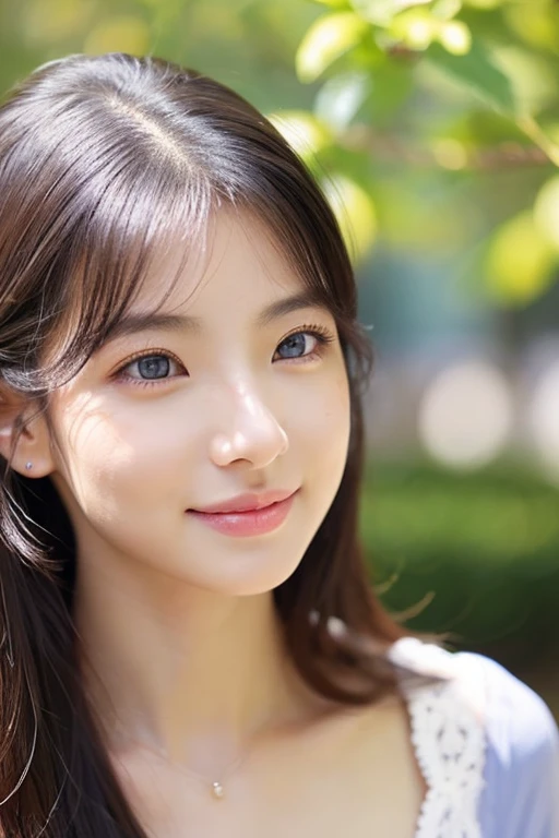 Beautiful woman with good eyes and nose、Beautiful as a model、Cute like a model、Eyes are double、How to use regular mascara、Eye color blue、Hair color pink、her face is delicate and elegant.、imagem 4k、Beautiful style like a model、A refreshing and lovely smile、...