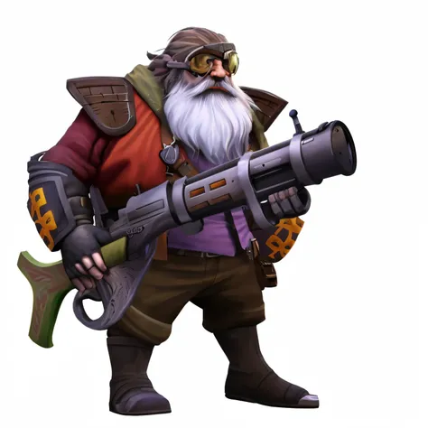 Old dwarf long bearded hunter with a sniper rifle and pilot like goggles, dota 2 sniper hero