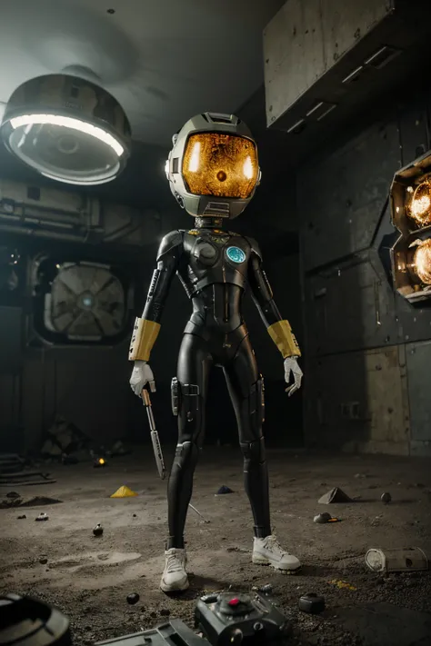 A Modern flat toon Crazy whit a Big ONE a Only Eye Robot and helmet Style, tongs in hands, Tv head, pinhead, camouflage Yellow White Rusty, Ambient in a meteorite crater super detailed, center, beautiful, soft lighting, focused on the character, 4K resolut...