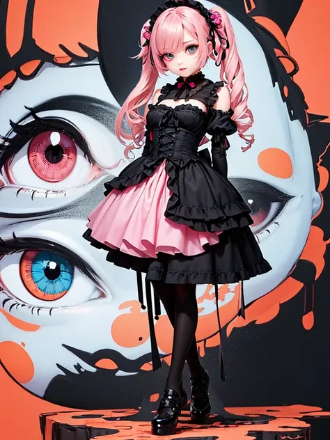 Please create an intricately detailed illustration of a ball-jointed doll girl infused with life, dressed in a pink Gothic Lolita outfit. Additionally, add meticulously crafted eyeballs to enhance the realism. Pay special attention to a full-body depiction...