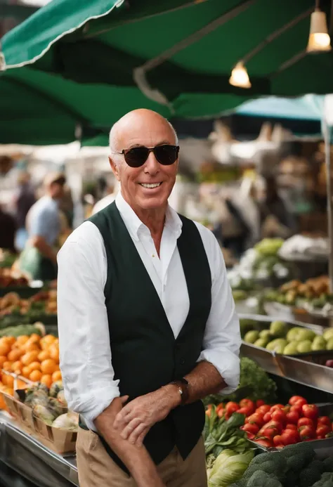 A photo of David Geffen exploring a vibrant farmers market,original,In terms of appearance, Geffen is typically seen in smart-casual attire, projecting a professional yet approachable image befitting his status as a media mogul. With a clean-shaven face, n...