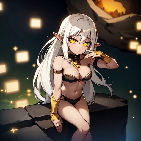 Young woman, elf, yellow, eyes, white hair, black skin, in a cave, iluminated by fireflys, fireflys yellow light, darkest cave, 4k, mastepriece, HD, anime 4k, digital