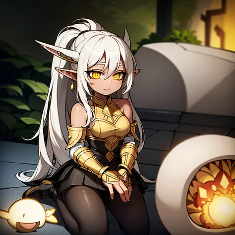 Young woman, elf, yellow, eyes, white hair, black skin, in a cave, iluminated by fireflys, fireflys yellow light, darkest cave, 4k, mastepriece, HD, anime 4k, digital